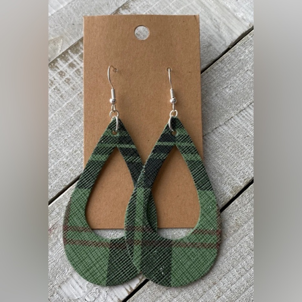 Green Plaid Leather Earrings